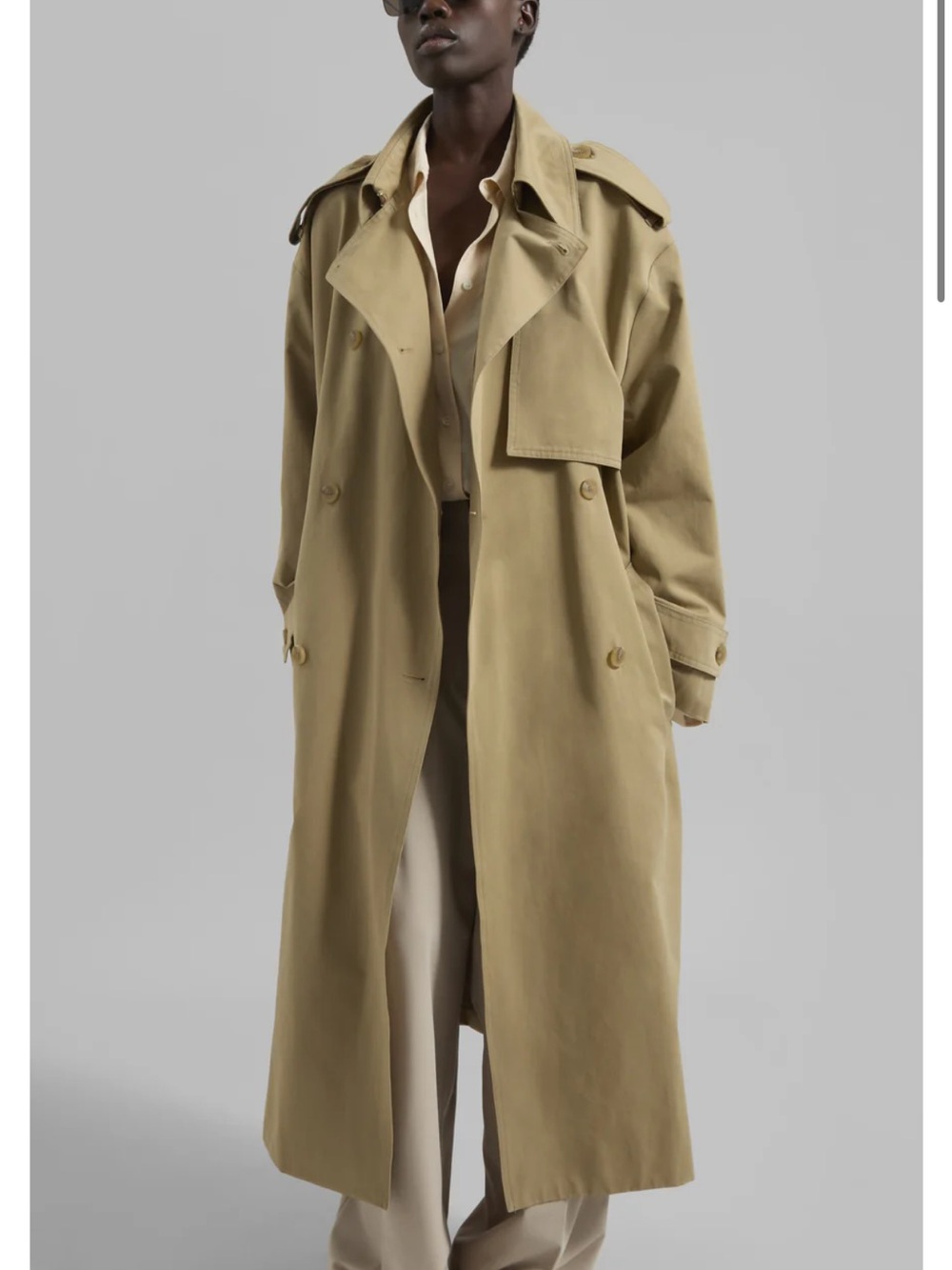 The Frankie Shop Long Khaki Double-Breasted Trench Coat